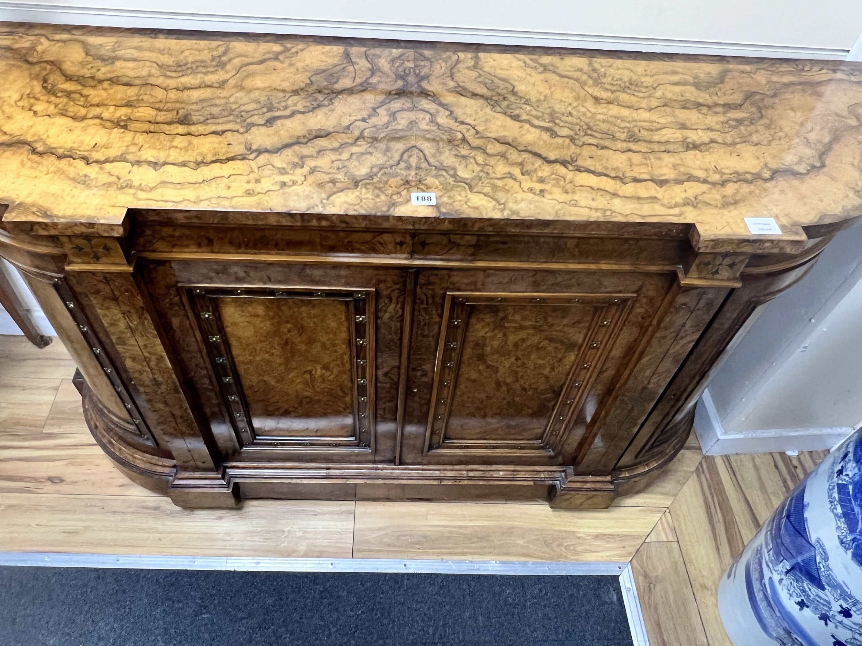 A Victorian figured walnut credenza, width 158cm depth 45cm height 94cm